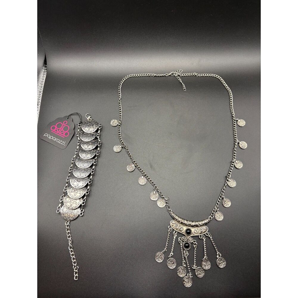 Vintage 24” Style Coin Dangle Necklace Bracelet Set Silver Black Cabochon Gypsy